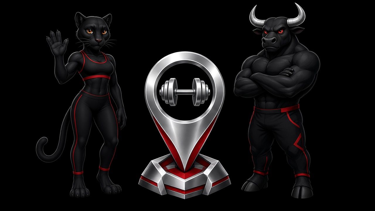 Our mascots: a black panther waving and a strong black bull with crossed arms, with a silver trophy between them.